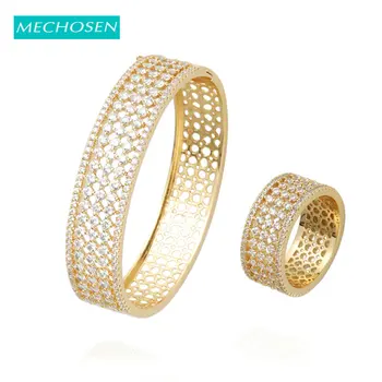 

Mechosen Gold Color Luxury Round Hollow Out AAA Cubic Zircon Big Bangle Ring Set Women Wedding Dubai Bride Accessories Best Gift