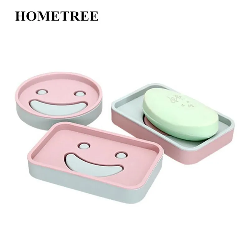 

HOMETREE 1 Pcs Cartoon Smiley Face Round Square Design Plastic Portable Soap Dishes Drain Rack Kitchen Bathroom Accessory H500