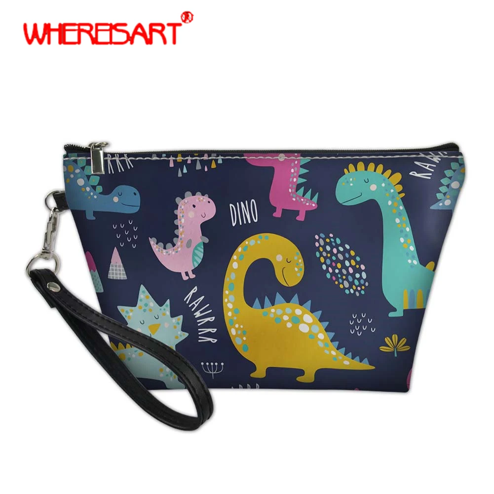 

WHEREISART Dino Makeup Bag Dinosaur Pattern Women Necessaire Feminina Portable Toiletry Bag Organizer Beauty Case Cosmetic