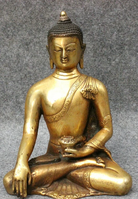 

S4200 8" Folk Chinese Bronze Gilt Joss Shakyamuni Sakyamuni Buddha Bowl Statue Set D0317
