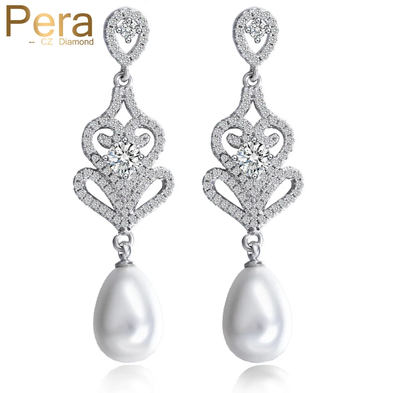

Pera High Quality AAA+ Cubic Zirconia Mirco Pave Sterling Silver 925 Pin Long Dangle Pearl Drop Earrings for Women Ladies E190