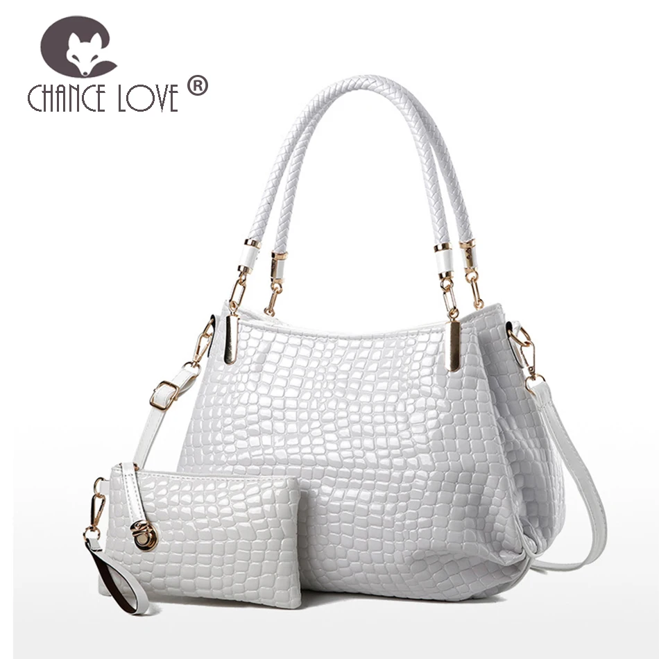 

Chance Love 2018 new crocodile pattern patent leather bag composite bag shoulder slung handbag white bright leather handbag