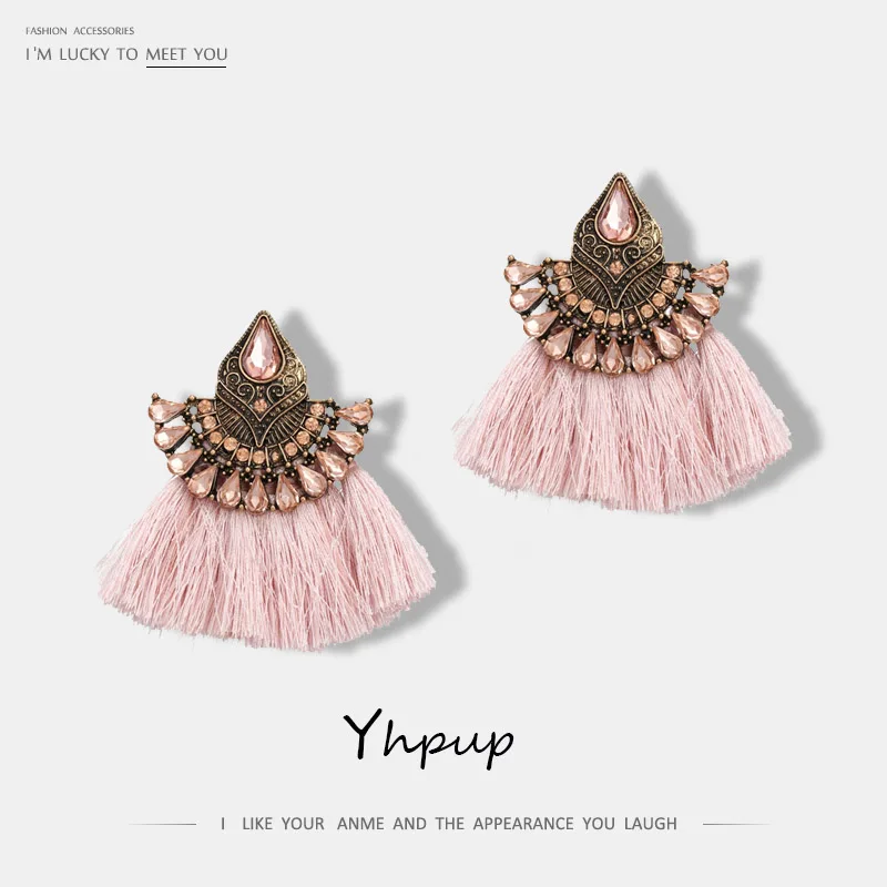 

Yhpup Vintage Crystal Fan Tassel Fringed Dangle Statement Drop Hot Sale Earrings Brincos Bijoux oorbellen voor vrouwen