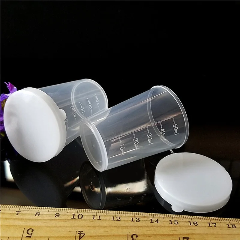 

10X50ml Medicine Measuring Measure Cups With White Lids Cap Clear Container Set