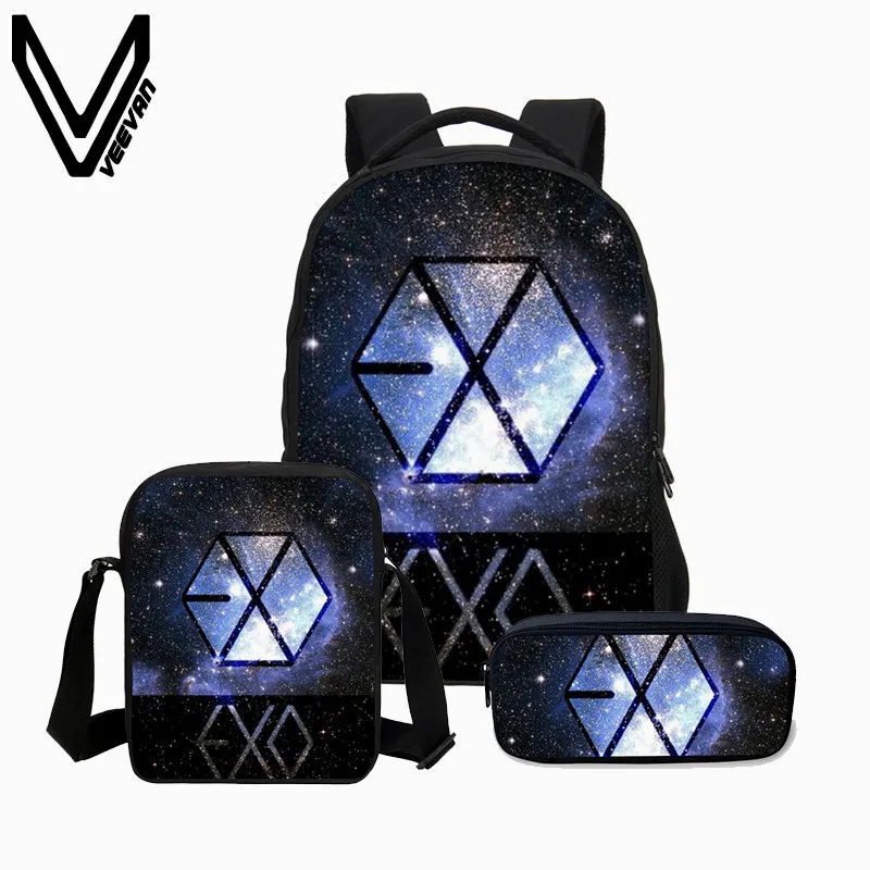 

VEEVANV 3 Pcs/Set School Bags EXO Printing Backpack Children Shoulder Bag Fashion Mochila Girls 3D Letter Bookbag Boys Backpacks