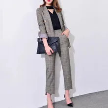 Women’s 2018 Elegant pants suits work wear formal slim Plaid long-sleeve blazer and trousers office ladies blazer set J17CT2004