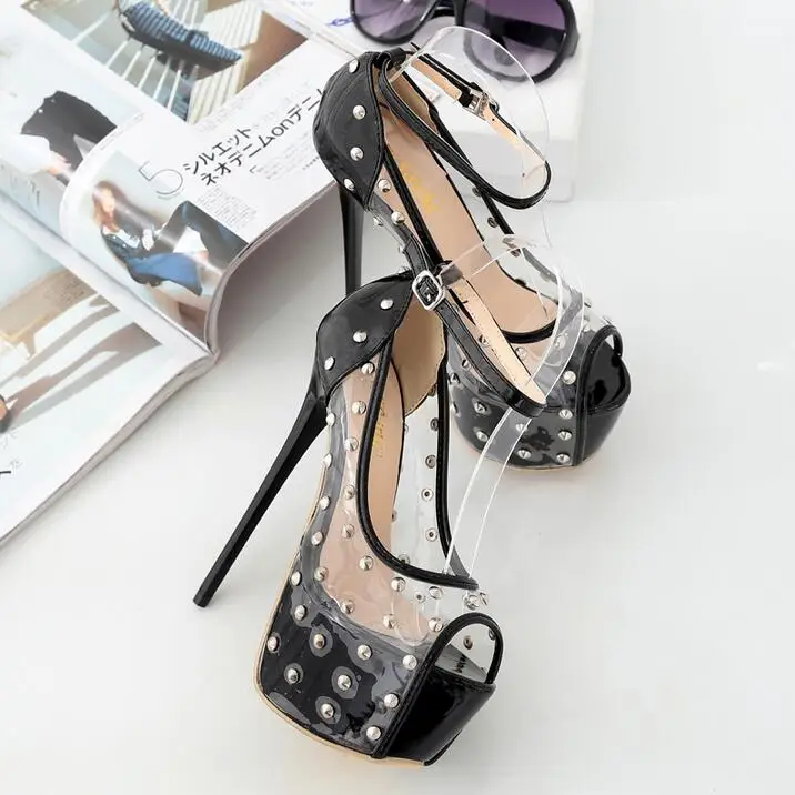 DijiGirls new Fashion Transparent Sexy Rivet 16 Open Toe High Heels pvc clear crystal transparent ultra very high heel shoes box
