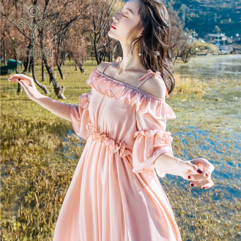 YOSIMI 2017 Summer Maxi  Halter Dress Chiffon Long Dress  Off-the-shoulder Dress Half Sleeve Beach  Long Dresses Tunic female
