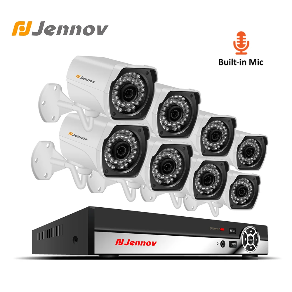 Jennov аудио запись Системы 8CH 1080 P набор для видеонаблюдения комплект безопасности Камера Системы IP Cam P2P POE NVR комплект HD 2MP ИК-