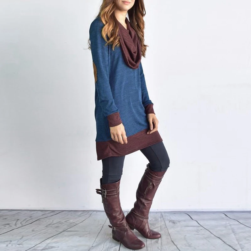 S-5XL Women Long Sleeve Thin Pullover Spring Autumn Blouse Patchwork Cowl Neck Ladies Long Tops Casual Shirts Elbow Patches New