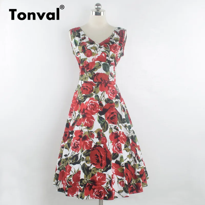Tonval, элегантное женское платье с принтом красной розы, без рукавов, цветочный принт, винтажные платья, сексуальные, v-образный вырез, вечерние, хлопок, летнее платье
