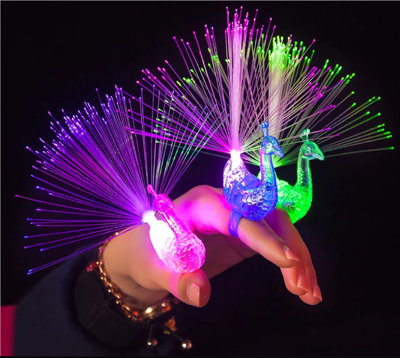3pcs LED Glow Peacock Finger Light Laser Beams Ring Optical Fiber Toy