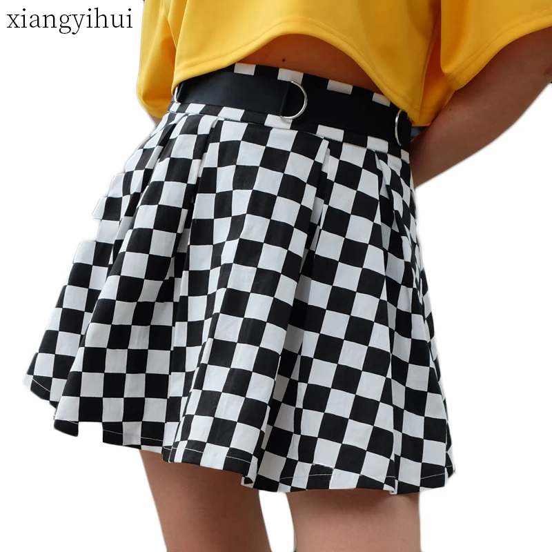 

Preppy Style Women's Casual Summer Pleated Mini Short A-line Skirt Female Tulle Black and White Plaid Fashion Short Skirts