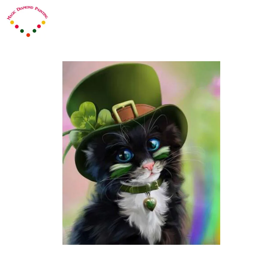 Magic green hat cat Diamond Embroidery 5d diy diamond Painting Cross Stitch full square drill Rhinestone mosaic decoration | Дом и сад