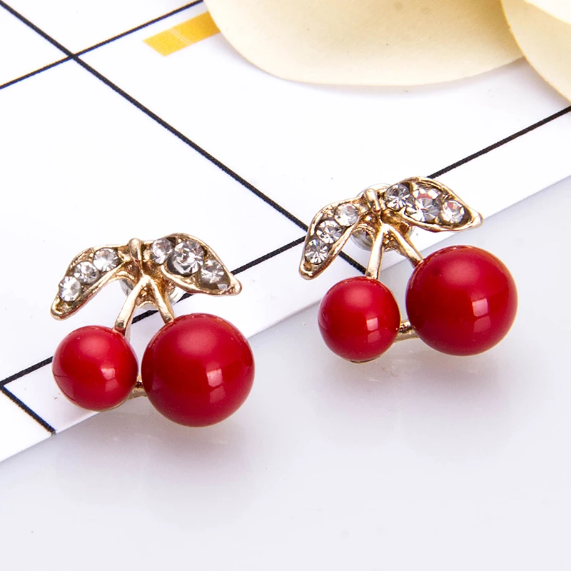 New Arrival Lovely Red Cherry Design Earrings Imitation Pearl Gold