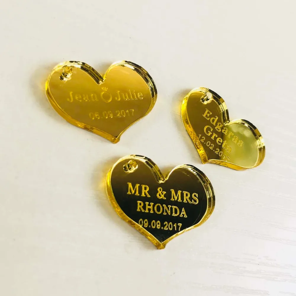50 pcs Customized Mirror silver gold Heart Label Tag Personalized MR MRS Wedding souvenirs Table Decoration Centerpieces Favors (4)
