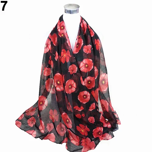 Женская мода сексуальный цветок мака печати шифон удобный длинный шарф, шаль - Цвет: Черный