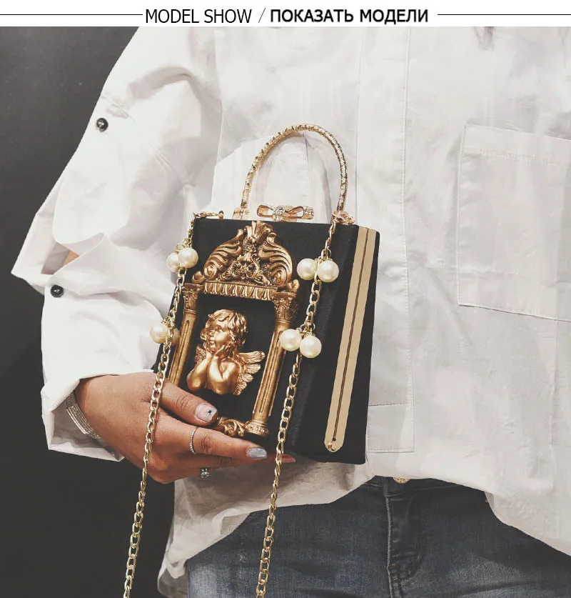 Женская сумка-тоут с металлическим бисером, барокко, ангел, мини сумки, Роскошные Сумки из искусственной кожи, сумки на плечо, винтажные цепи, сумка-мессенджер