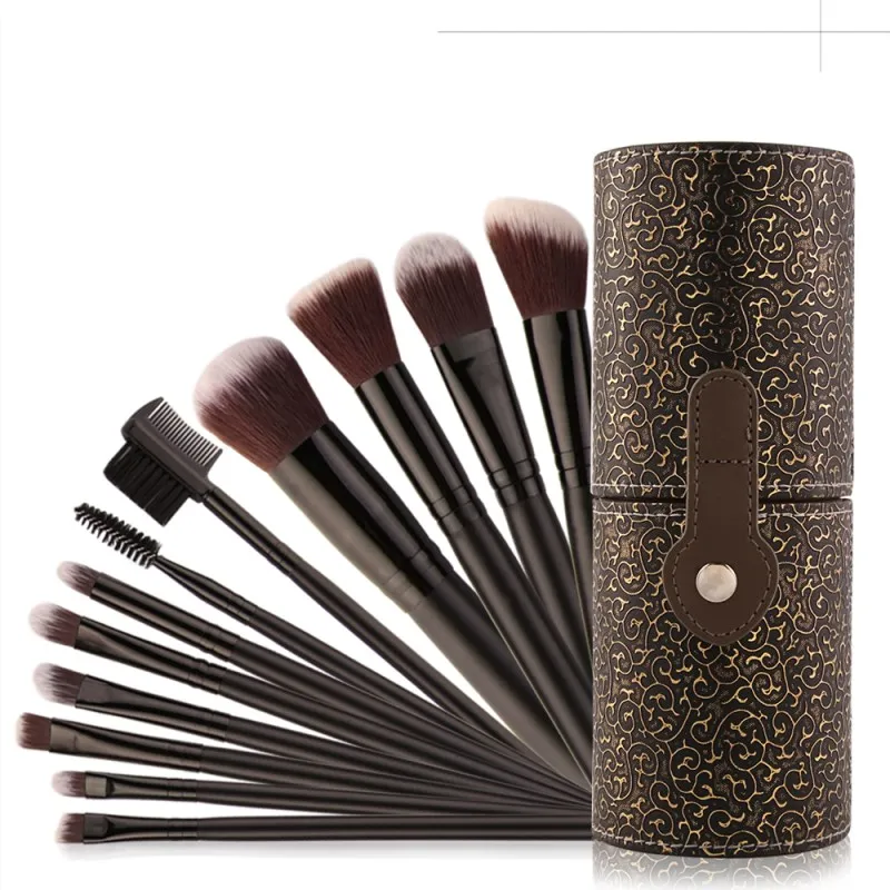 Professional 12Pcs Makeup Brushes Kit Studio Holder Tube Convenient Portable Leather Cup Natural Hair Synthetic