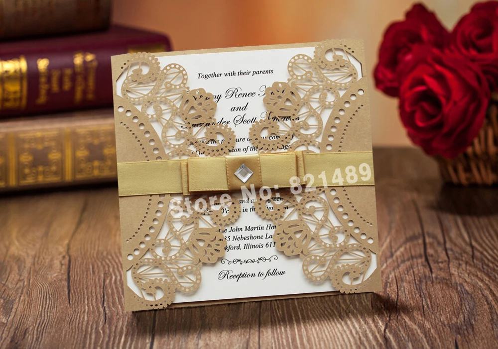  Golden and White Ribbon Wedding Invitation Cards; Royal Gold Laser Cut Wedding Invitation Cards - S - 32426416509