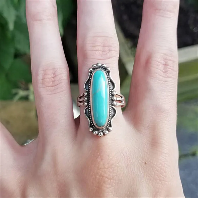 Bohemian Blue Stone Rings for Women Wedding Vintage Ring Antique Silver Color Rings Bague Femme Masculino Jewelry Anillos Z3X742