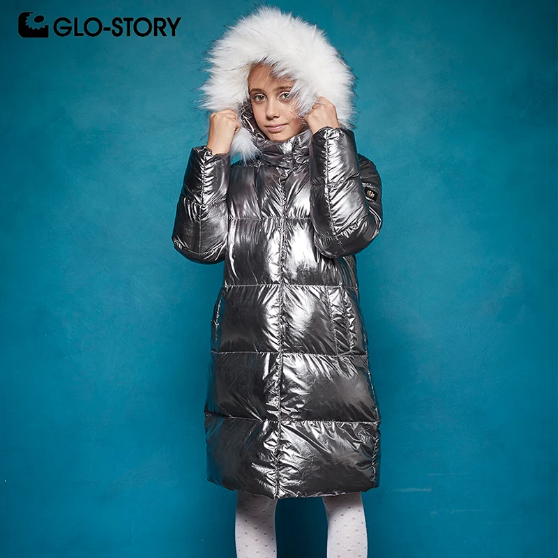 GLO-STORY Children Girls Christmas Shinny Fashion Long Parkas 2018 Teenage Girl Winter Thick Warm Jacket Coats with Fur Hoodie