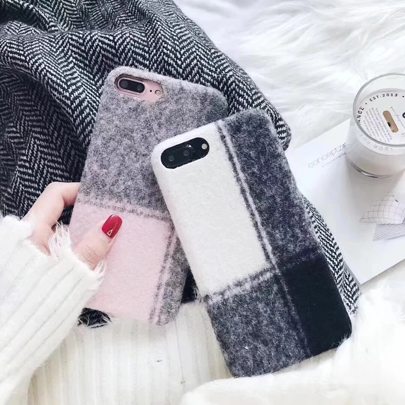 

Fashion Korean ins style British plaid wool soft phone case for iphone 6 6s 7 8 plus cover for iphone 10 X Retro cute coque