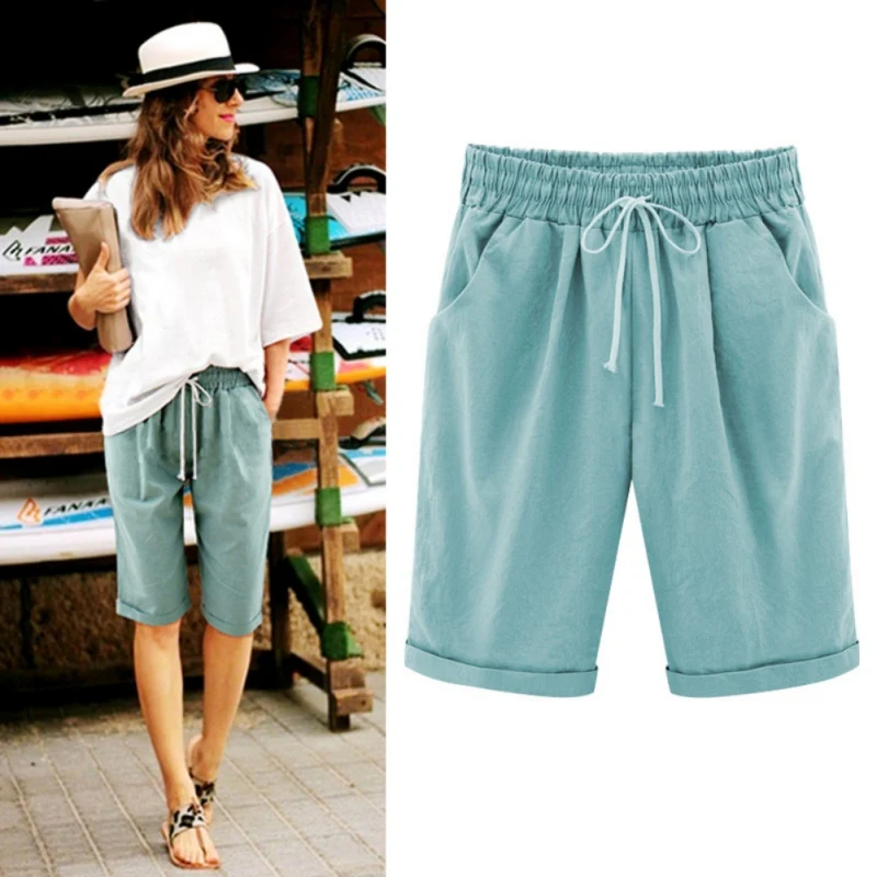 Summer Woman Cotton linen Shorts Plus size Lady Casual Short Trousers Solid Color Khaki black White Green Shorts