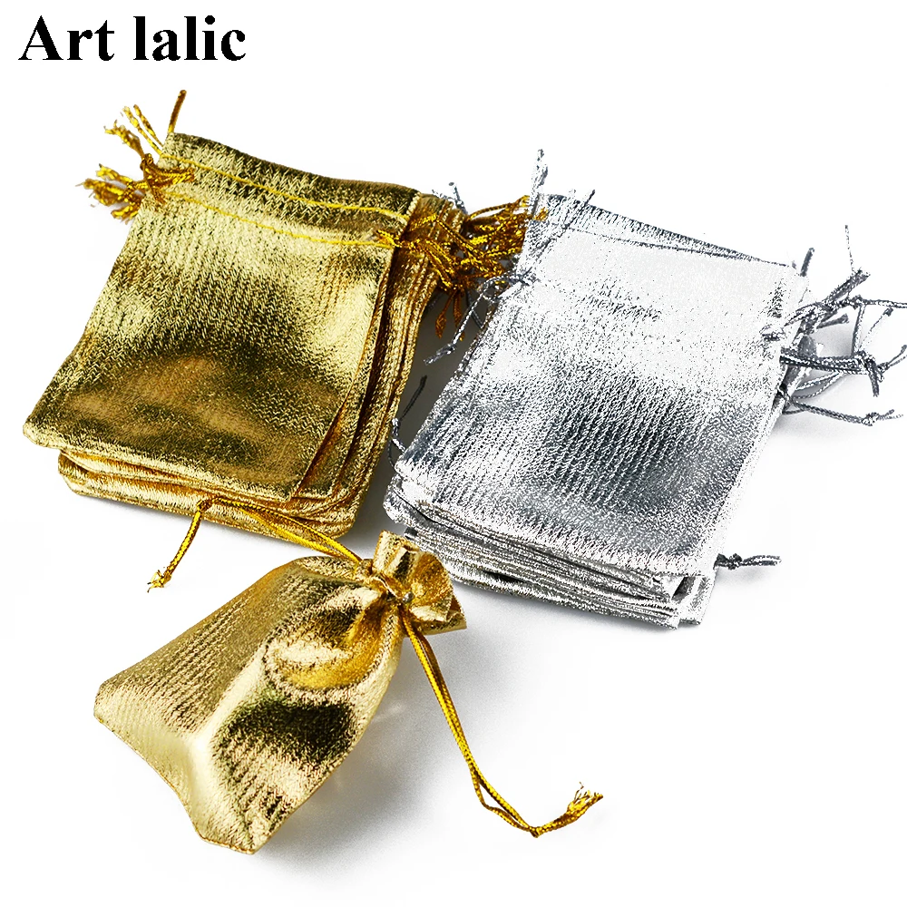 

100Pcs Organza Drawstring Bags Gold & Silver Jewelry Gift Bag 9x7 Party Holiday New Year Christmas Wedding Pouches