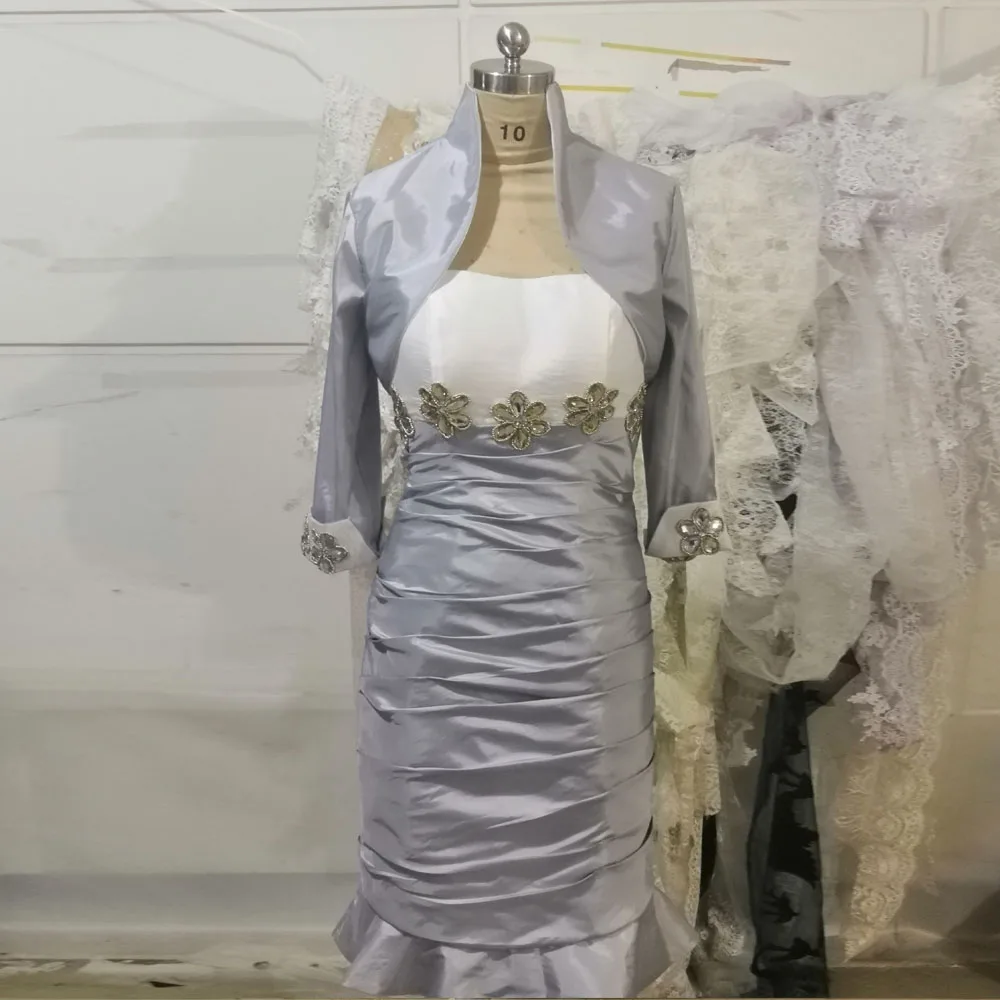 На заказ, Vestido De Madrinha, свободное болеро, серебряное, с бисером, длиной до колена, платье для матери невесты, Vestido Mae Da Noiva