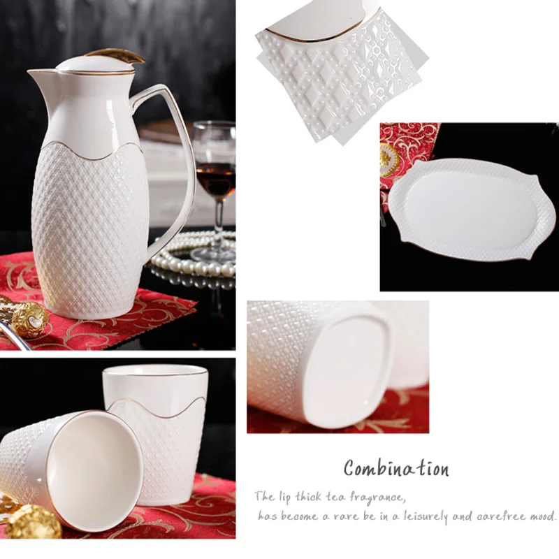 Современный простой стиль элегантный костяного фарфора чайник и чашка набор с гравировкой Золотая инкрустация узор белый цвет