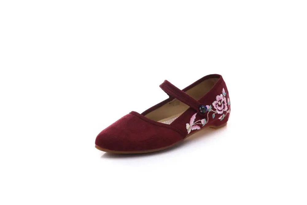 Veowalk/женские балетки из хлопка с острым носком; элегантные женские повседневные Мягкие ботинки с пряжкой на лодыжке с вышивкой в китайском стиле; zapatos mujer - Цвет: Wine Red