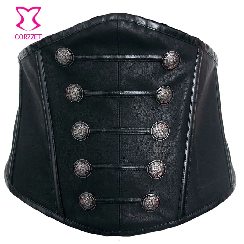 

Gothic Punk Wide Corset Belt Black Leather with Double Rows Buttons Waist Belt Slimming Waist Steampunk Corset Belts For Women