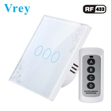 Vrey EU Standard Wall Touch Switch,3 Gang 1 Way, Light Screen Intelligent Remote control Touch Switch,Tempered Glass Crystal Pan