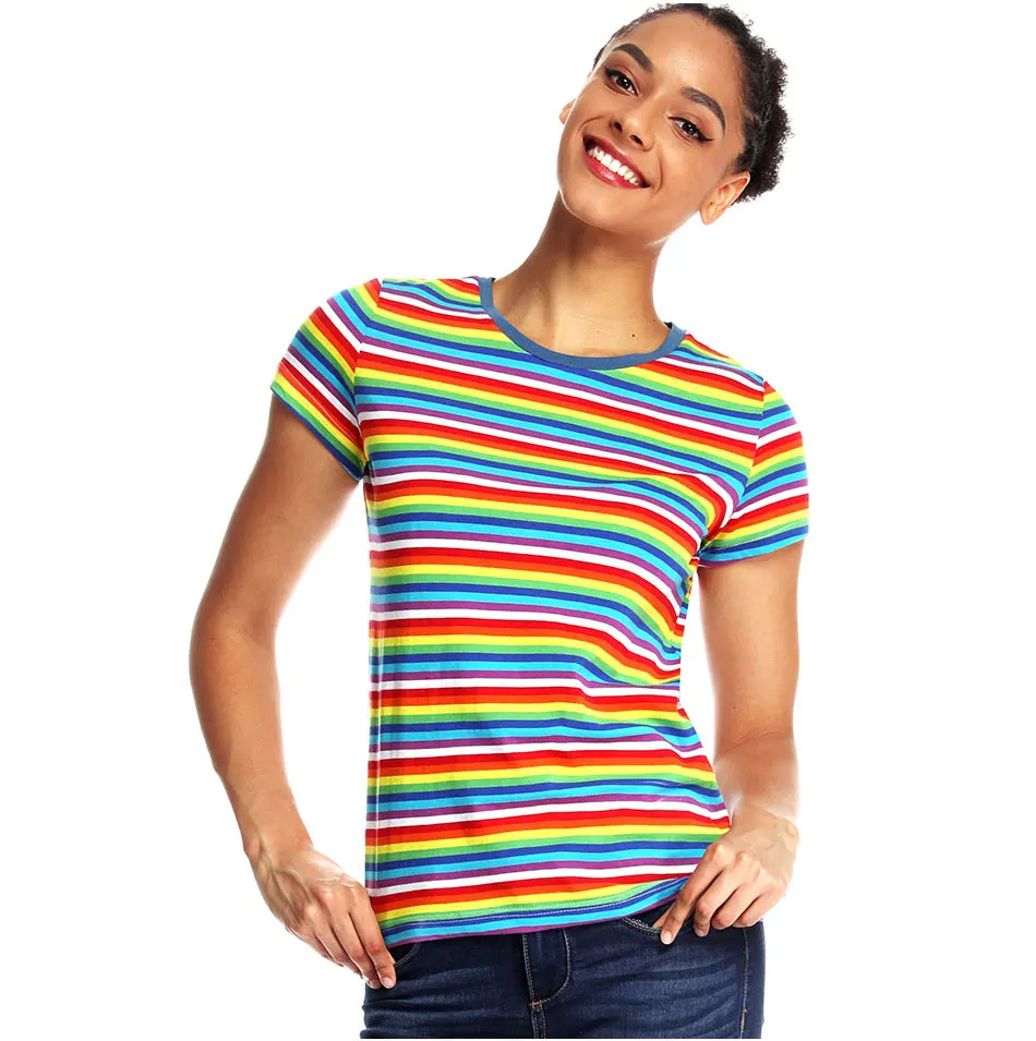 

Rainbow Striped T Shirt for Women Round Neck Short Sleeve Tees for Women Colorful Stripes Summer Cool Top Woman Casual