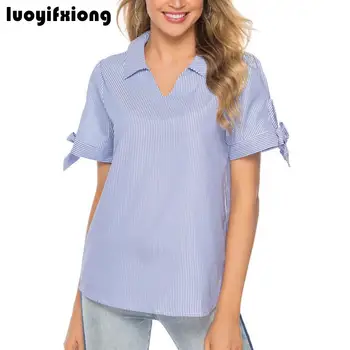 

Fashion Bow Short Sleeve Casual Womens Tops and Blouses Korean Striped Blouse Women Shirts Loose Plus Size Kimono Camisas Mujer