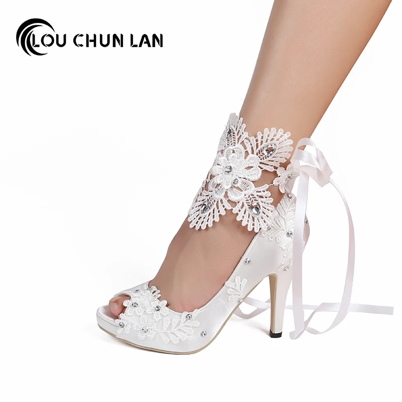 Louchunlan Dress Shoes Women Pumps Open Toe Lace Wedding Shoes