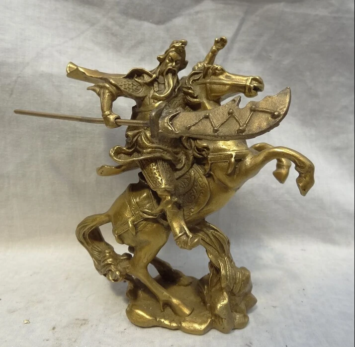 

Folk Chinese Brass Collect Warrior GuanGong GuanYu God Ride Jump Horse Statue
