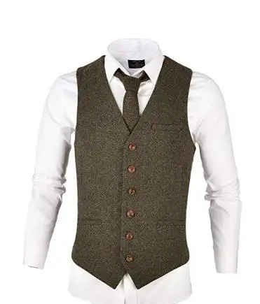 

Men's Slim Fit Herringbone Tweed Suits Vest Premium Wool Blend Waistcoat