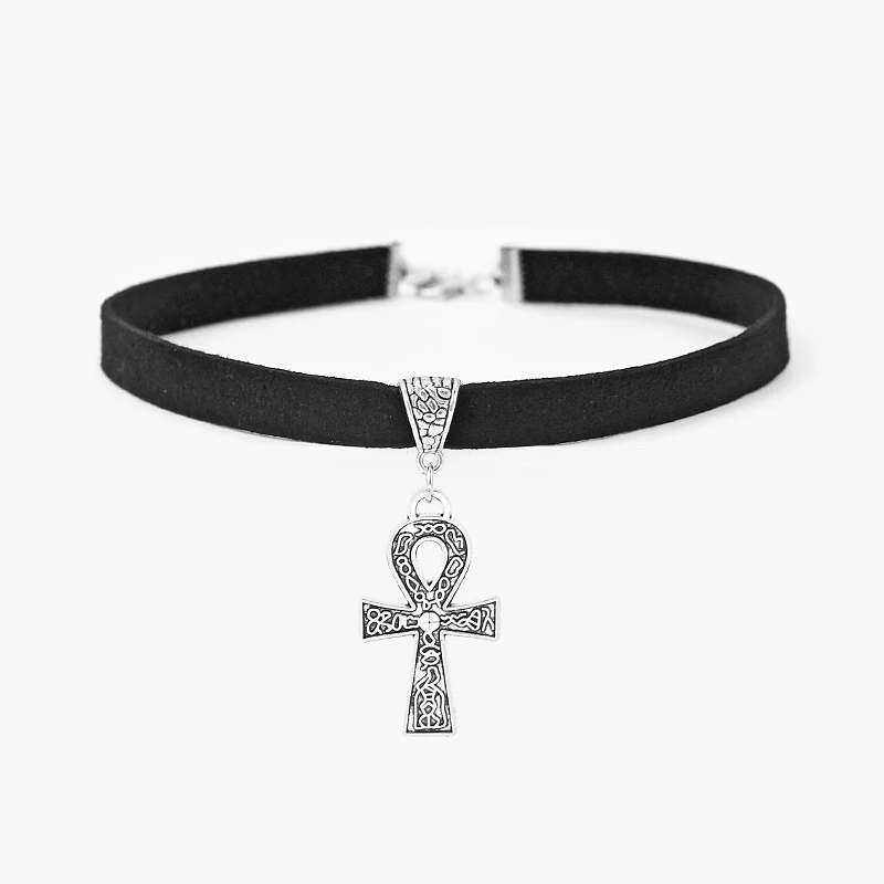 

Black 10mm Flat Faux Suede Cord Egypt Ankh Cross Charm Choker 13 inches Necklace Wiccan Pagan Gothic Jewelry