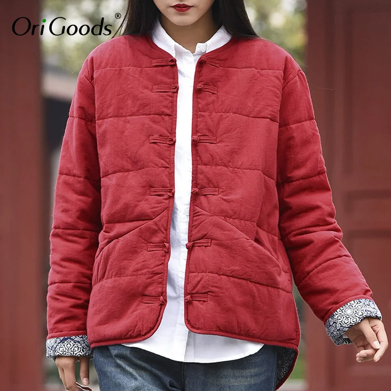 Зимнее женское пальто в китайском стиле, винтажная зимняя женская куртка с хлопковой подкладкой, красная и черная верхняя одежда, теплые куртки, пальто B240
