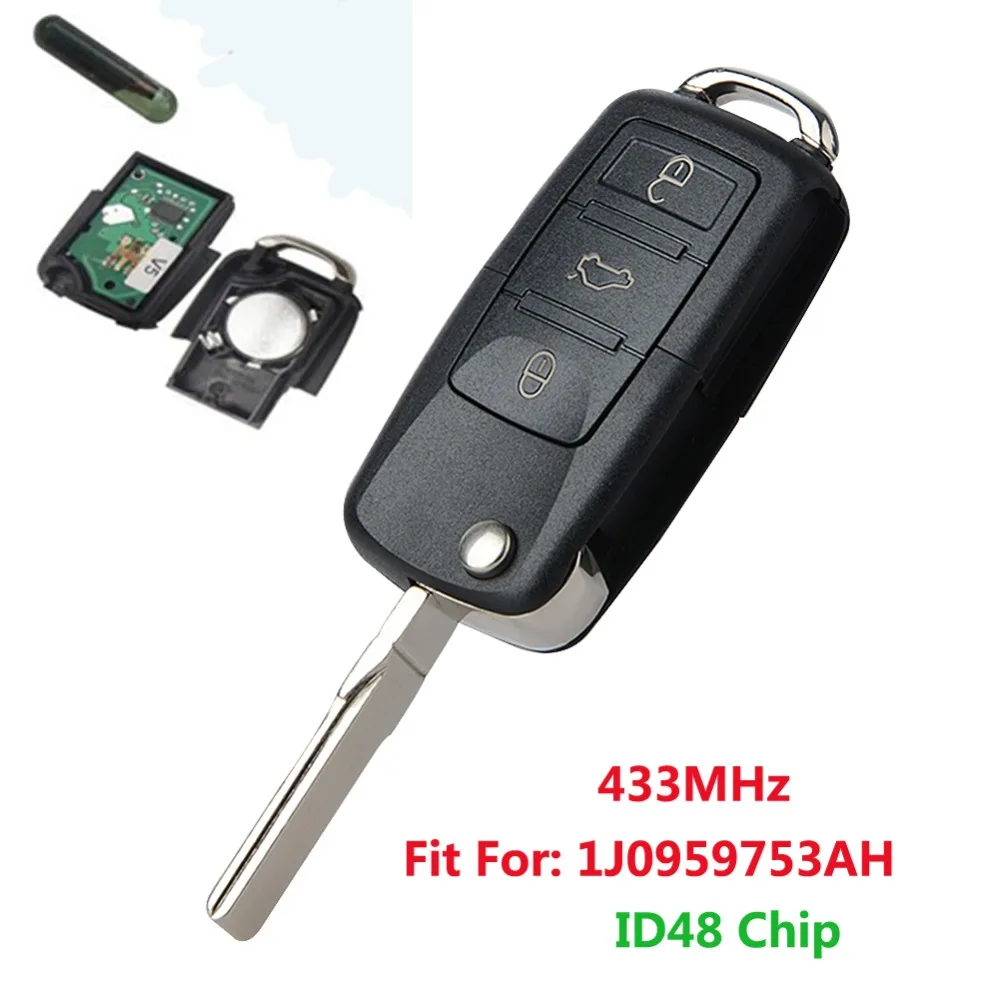 

3 Buttons Flip Uncut Remote Key Case Fob for PASSAT 2002-2005 Beetle Polo /Skoda With ID48 Chip 1J0959753AH 433MHz