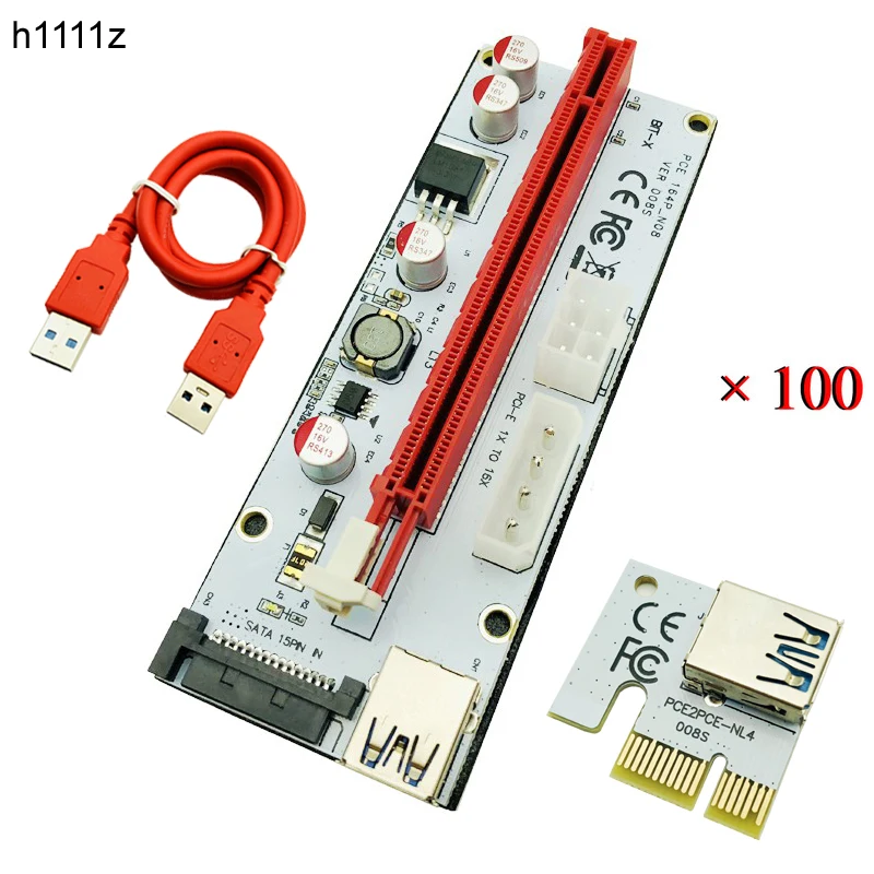 

100PCS 008S Riser PCIE 1X to 16X Extender Adapter PCI-E Riser Card SATA 15pin 6pin 4pin Power Supply for Bitcion Miner Mining