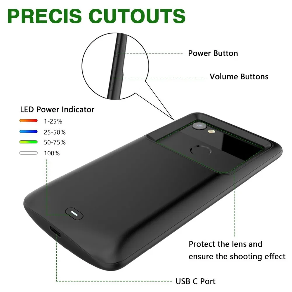 뉴데리 배터리 충전기 케이스, 구글 픽셀 2 2XL, 4700mAh, 독점 슬림 휴대용 충전 케이스, 픽셀 2 XL, 5200mAh