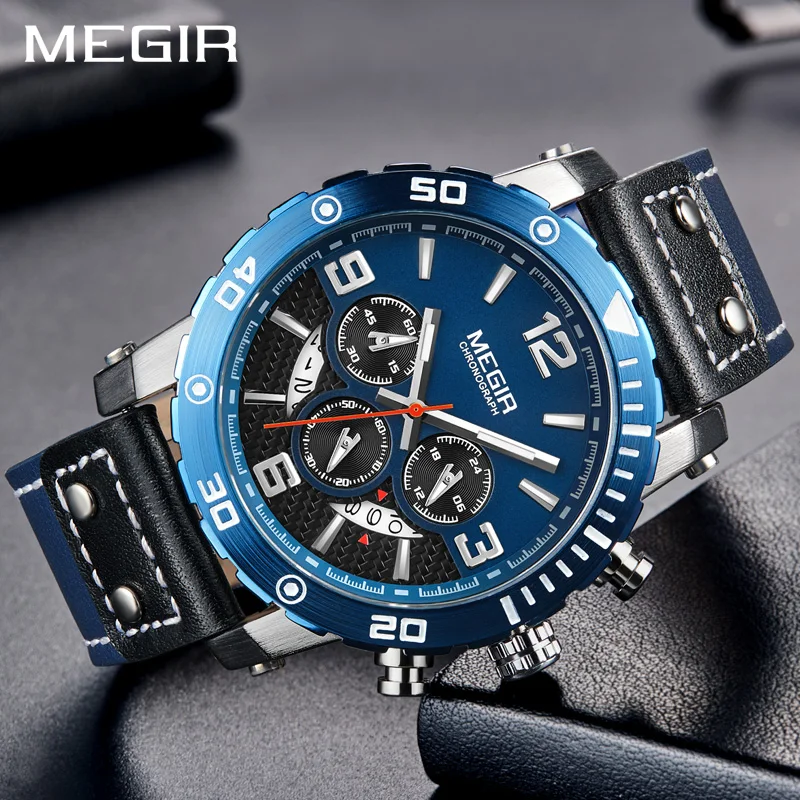 Billige Kreative MEGIR Chronograph Sport Männer Uhr Leder Band Army Military Handgelenk Uhren Uhr Männer Relogio Masculino Quarzuhr