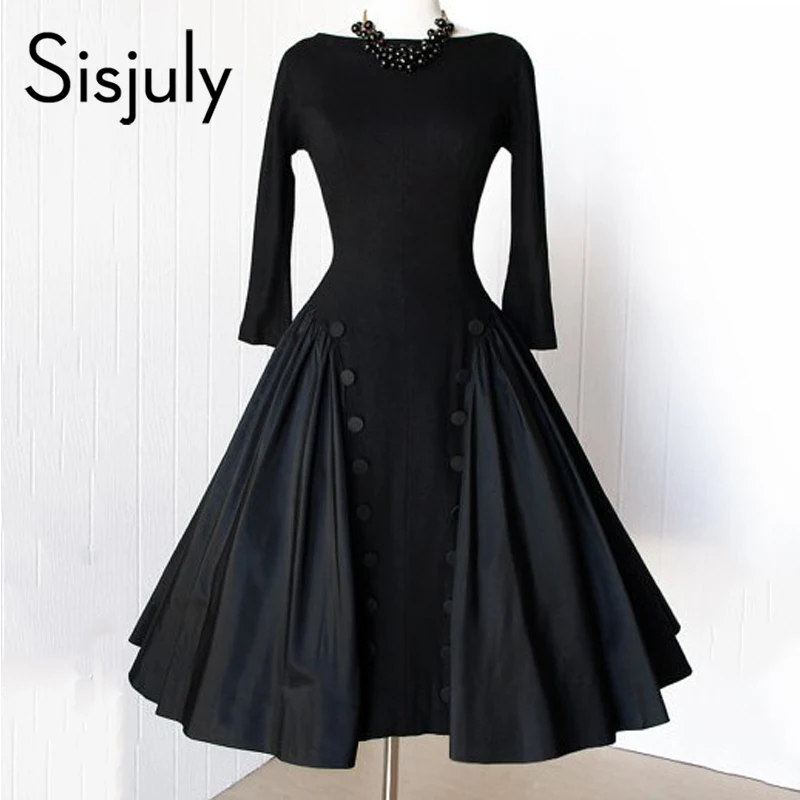 

Sisjuly Women Midi Dresses Elegant Party Office Lady Vintage Sexy Black Solid Backless Button Spring Female Fashion Retro Dress