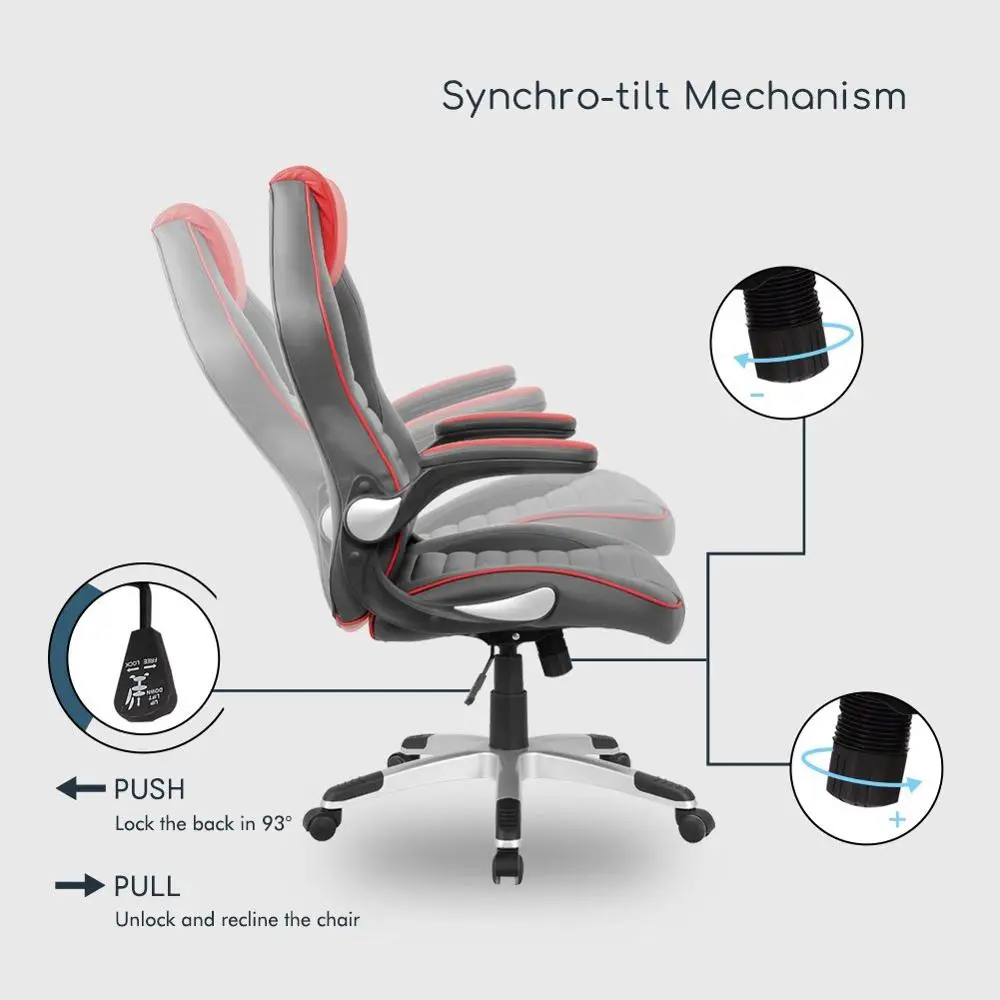 Leather Gaming Chair Pu Executive chair with Foldable Arms High Back Swivel Computer Reclining Chair