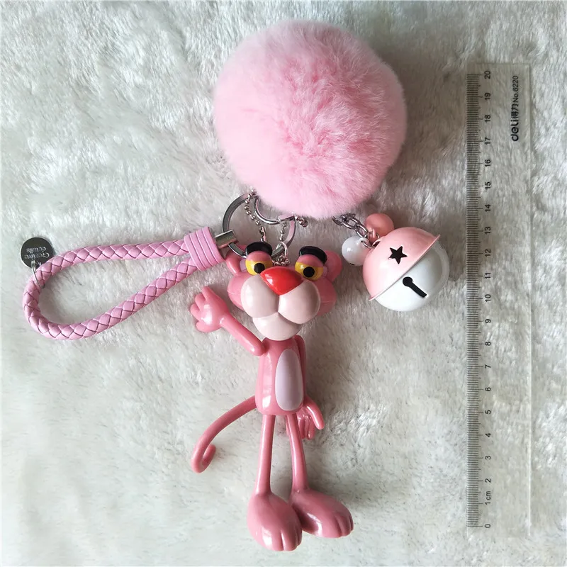 

Fashion 8CM Rabbit Fur Ball PomPom Fluffy Keychain Cute Anime Cartoon Pink Leopard Bell Key Ring Holder Charm Bag Car Key Chains