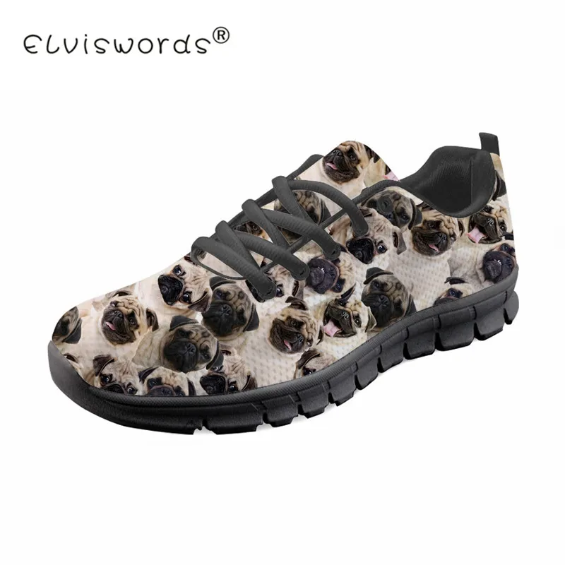 Cute Pug Dog Puzzle Printing Men Casual Sneakers Lightweight Lace Up Flat Shoes Boys Male Breathable Mesh Flats Man ELVISWORDS