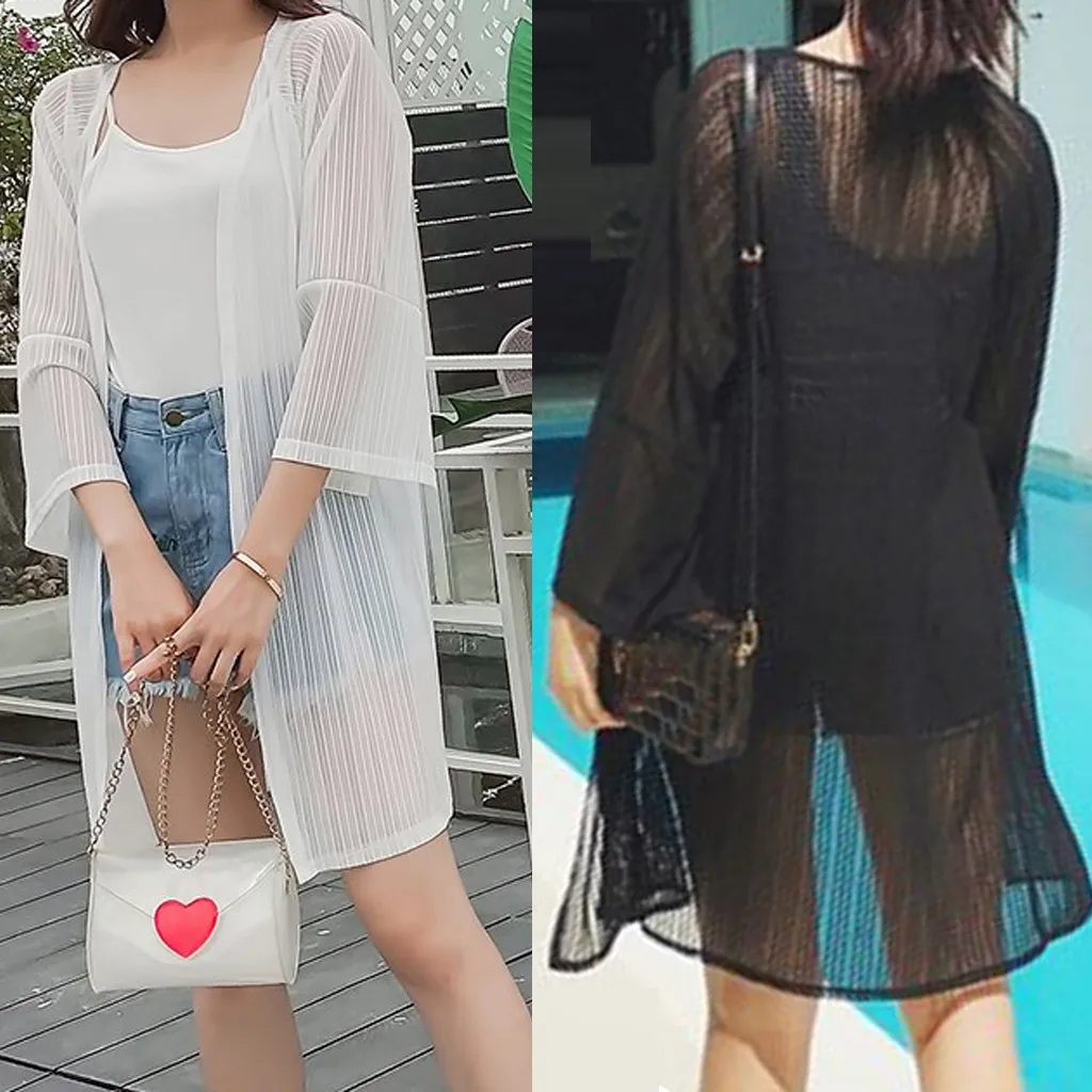 

feitong 2019 Fashion Women Sunscreen Shirt Cardigan Transparent Half Sleeve Pure Color Leisure Sunshade Long Blouse #19531